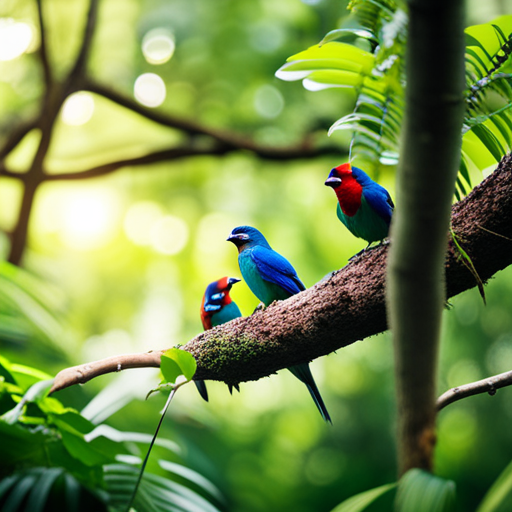 An image showcasing a vibrant, lush rainforest scene with an overhead view of a diverse array of birds perched on branches