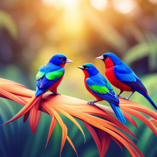 An image showcasing a vibrant rainforest scene, with a diverse array of colorful birds perched on trees