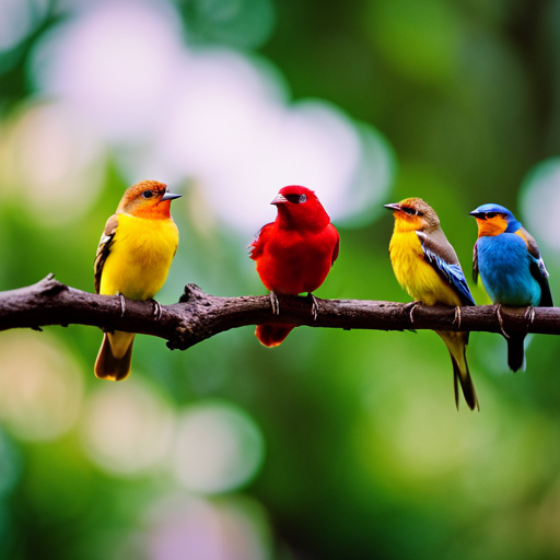 An image showcasing a diverse array of birds perched on a branch, each releasing vibrant streams of urine that gracefully intertwine in mid-air, illustrating the captivating and peculiar adaptation of birds' urine system