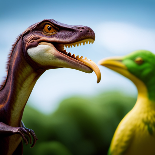 An image showcasing the transition from toothed dinosaurs to beak-dominated birds