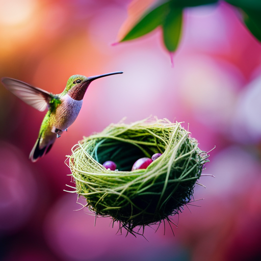 An image capturing the intricate architecture of a hummingbird's nest, delicately woven with spider silk and moss, nestled on a slender branch amidst vibrant foliage, showcasing birds' remarkable nesting skills