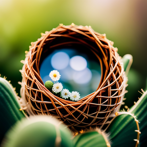 An image showcasing a vibrant, intricate bird's nest nestled atop a cactus, adorned with feathers, twigs, and delicate flowers, symbolizing the remarkable adaptability and ingenious dwellings of birds