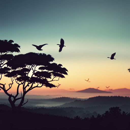 An image showcasing a lush forest at sunrise, filled with various species of birds perched on branches, their beaks open wide as they sing, each producing a unique melody that weaves together in a harmonious symphony of sound