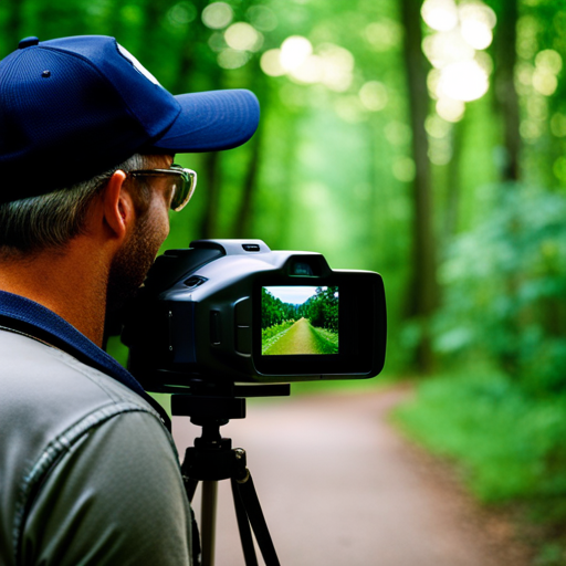 An image capturing an avid birdwatcher in Missouri's lush forests, equipped with binoculars, field guide, and camera, observing a vibrant array of bird species in their natural habitat