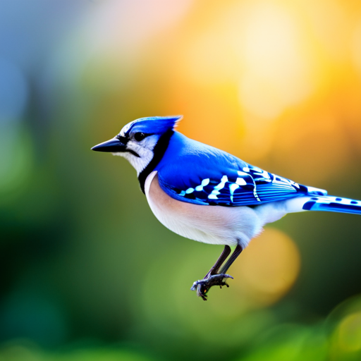 An image capturing the ethereal essence of Blue Jays as they gracefully soar amidst golden sunbeams, their vibrant blue plumage shimmering with divine light, symbolizing the profound spiritual connection and guidance they offer