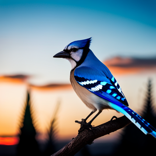 An image showcasing a majestic blue jay perched on a branch, its vibrant azure feathers contrasting against a serene, golden sunset