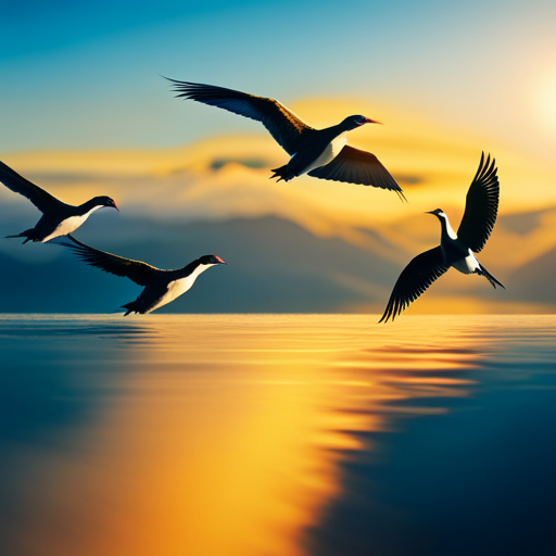 the vibrant hues of nature in flight: an image of a mesmerizing flock of exotic birds, their iridescent feathers shimmering under the golden sun, gracefully soaring against a backdrop of a clear blue sky