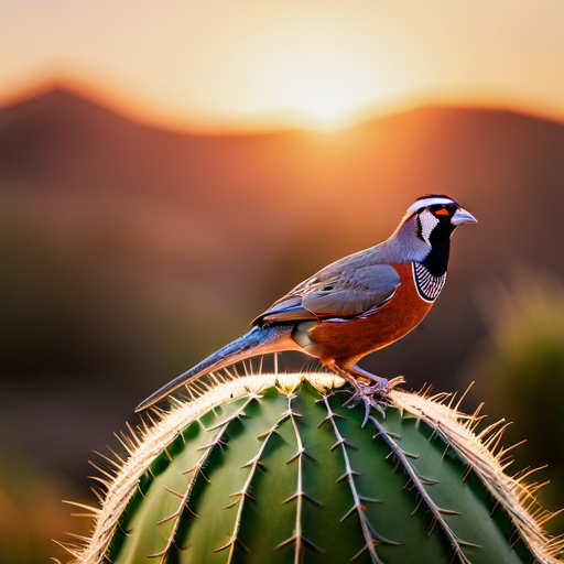 An image capturing a California Quail gracefully perched on a cactus, its vibrant plumage contrasting with the harsh desert landscape