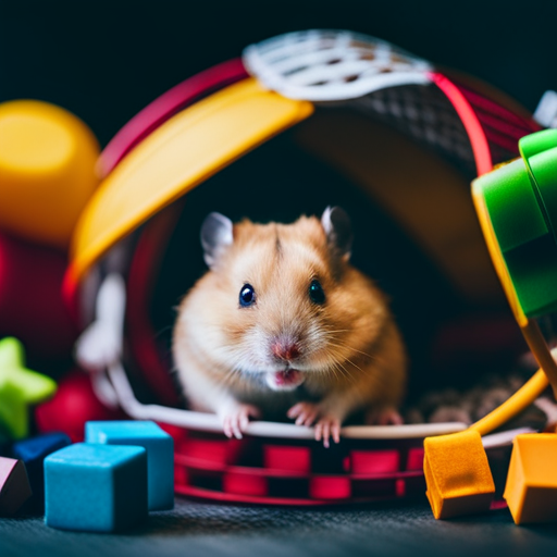 An image showcasing a solitary hamster in a dimly lit cage, surrounded by untouched toys, with a drooping posture, hunched back, and sad, glassy eyes, capturing the unmistakable signs of loneliness