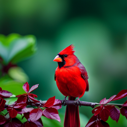 An image showcasing a majestic male cardinal perched on a sturdy tree branch, its vibrant scarlet plumage contrasting against a backdrop of lush green leaves