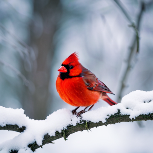 An image showing a vibrant red cardinal perched on a snow-covered branch amidst a serene winter forest