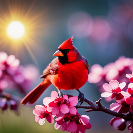 An image capturing the vibrant red plumage of a cardinal perched on a blossoming cherry tree branch, against a serene backdrop of a setting sun casting golden rays, symbolizing spiritual guidance and hope