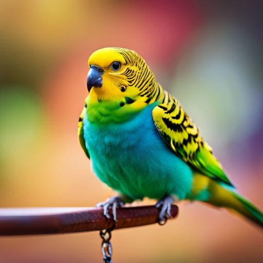 An image showcasing a vibrant budgerigar perched on a miniature podium, feathers ruffled as it mimics human speech