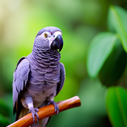 An image showcasing an African Grey Parrot perched on a wooden branch, surrounded by a vibrant backdrop of lush rainforest foliage
