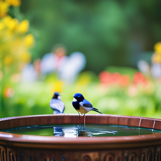 An image showcasing a spacious, circular bird bath nestled beneath a leafy tree in a serene garden