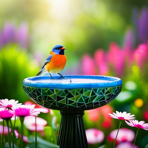 An image showcasing a meticulously crafted bird bath, adorned with intricate mosaic tiles, nestled amidst a lush and vibrant garden, surrounded by blooming flowers, inviting birds to frolic and drink
