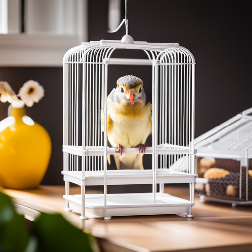 An image showcasing a spacious bird cage with horizontal bars, multiple perches of varying heights, secure locks, and easy-to-clean features
