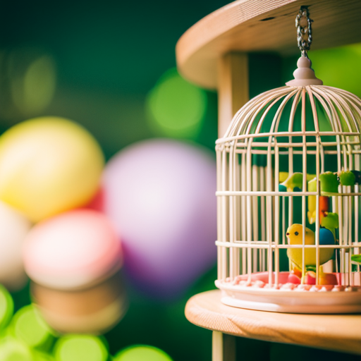 An image showcasing a spacious bird cage adorned with colorful toys, perches of varying sizes, and a swing, all surrounded by a backdrop of lush greenery, embodying the perfect habitat for a cheerful parakeet