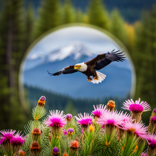 An image showcasing the vibrant avian wonderland of Colorado: a majestic Bald Eagle soaring above snow-capped Rocky Mountains, as a dazzling array of hummingbirds flit amidst wildflowers, while a Great Horned Owl peers from a towering Ponderosa Pine