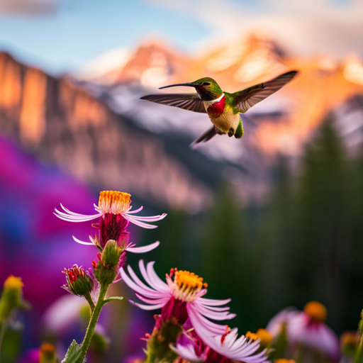 An image capturing Colorado's avian diversity: vibrant hummingbirds hovering near blooming wildflowers, acrobatic woodpeckers scaling tree trunks, and other native bird species, all set against the majestic backdrop of the Rocky Mountains