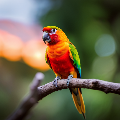 An image showcasing a vibrant Jenday Conure perched on a tree branch, surrounded by a stunning sunset