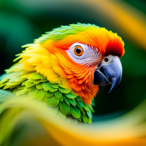 the vibrant essence of the Jenday Conure in a single image: a kaleidoscope of rich oranges and yellows contrasts against emerald green feathers, while its playful eyes sparkle with mischief