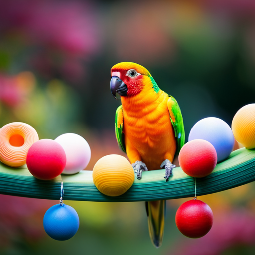 An image showcasing a vibrant Jenday Conure surrounded by an assortment of engaging toys, such as a hanging swing, puzzle toys, and colorful balls, to highlight their playful and enriching nature