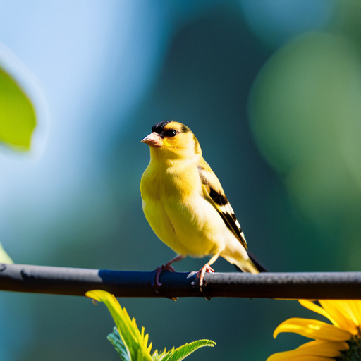 An image capturing the vibrant beauty of the American Goldfinch, perched on a delicate sunflower, its golden plumage contrasting with the azure sky, while surrounded by lush greenery of New Jersey's landscape