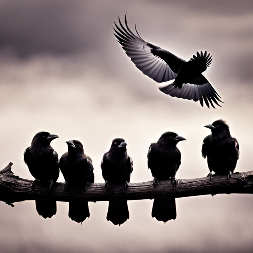 An image capturing a group of crows perched on a tree branch, their glossy black feathers glistening under the sunlight, while one crow mimics the exact posture of a squirrel scampering nearby, effortlessly communicating through their body language