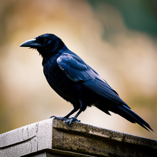 An image showcasing a majestic crow perched atop a weathered stone pillar, with piercing eyes gazing towards the horizon, evoking a sense of mystery and intrigue