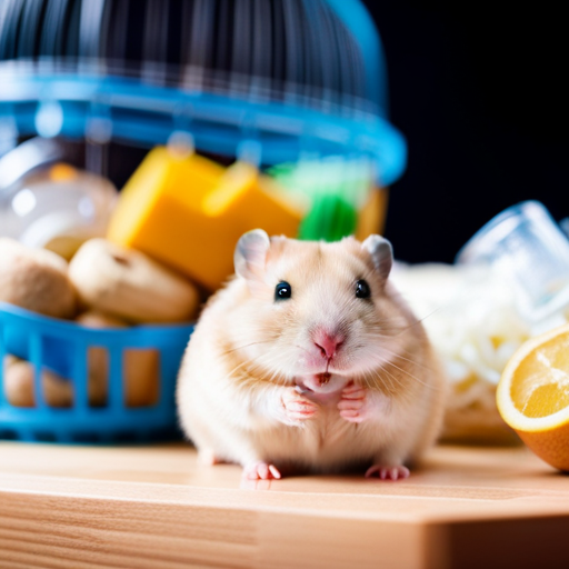 An image showing a hamster surrounded by essential supplies like a cozy cage, a water bottle, food dishes, bedding, toys, and a price tag