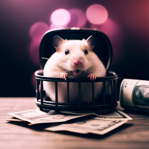An image showcasing a wallet filled with cash, an affordable hamster cage, a price tag with a slashed price, and a hand holding a piggy bank
