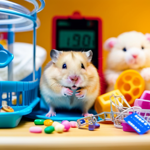 An image depicting a well-equipped hamster cage with a variety of toys and accessories, accompanied by a colorful price tag displaying ongoing expenses such as bedding, food, treats, and veterinary care