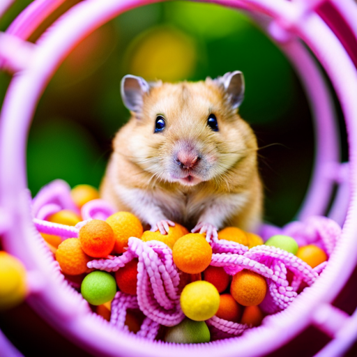 An image showcasing a vibrant assortment of budget-friendly hamster supplies, including a colorful hamster wheel, cozy bedding, chew toys, and a space-efficient cage, reflecting the theme of "Cuanto Cuesta Un Hamster" blog post