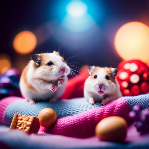 An image showcasing two adorable dwarf hamsters playfully interacting in a cozy, well-decorated cage