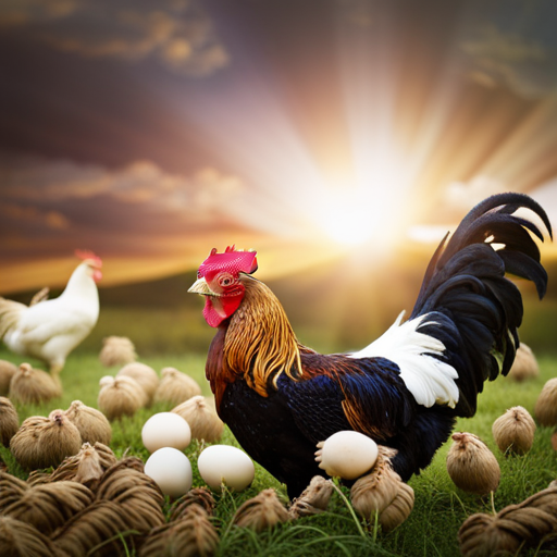 An image showcasing a flock of Delaware chickens: a majestic rooster with lustrous black feathers and a proud stance, surrounded by hens displaying their beautiful white plumage, diligently laying eggs in various shades of brown, white, and cream