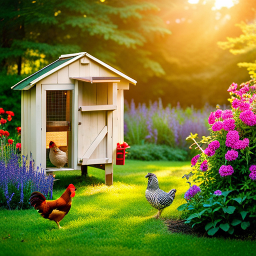 An image depicting a serene backyard with a cozy chicken coop nestled among lush greenery