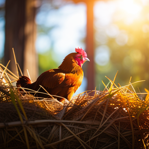 An image featuring a mature Delaware chicken perched on a straw-filled nest, its vibrant red comb and wattles signaling readiness