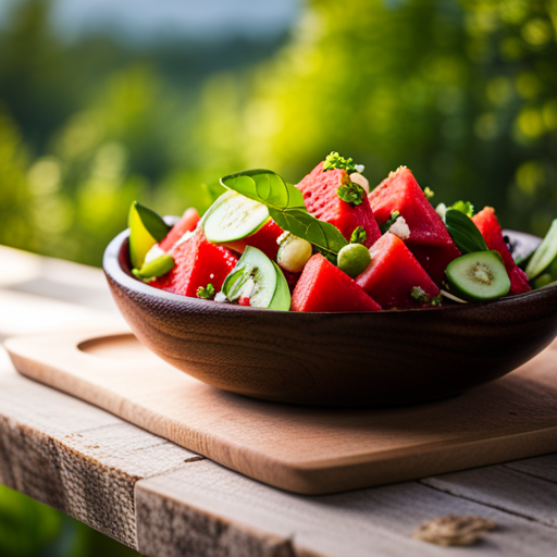 An image showcasing a vibrant watermelon salad, filled with juicy chunks of watermelon, mixed with fresh greens, and topped with colorful edible flowers, all arranged in a rustic wooden bowl