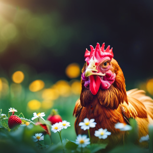 An image capturing the pure joy on a chicken's face as it pecks into a plump, juicy strawberry, surrounded by a vibrant patch of strawberry plants, basking in the warm golden sunlight