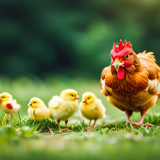 An image showcasing a group of vibrant, plump strawberries nestled in a lush green meadow, with a mother hen delicately pecking at one, while her adorable chicks curiously observe nearby, capturing the essence of age-related considerations when introducing strawberries to chickens