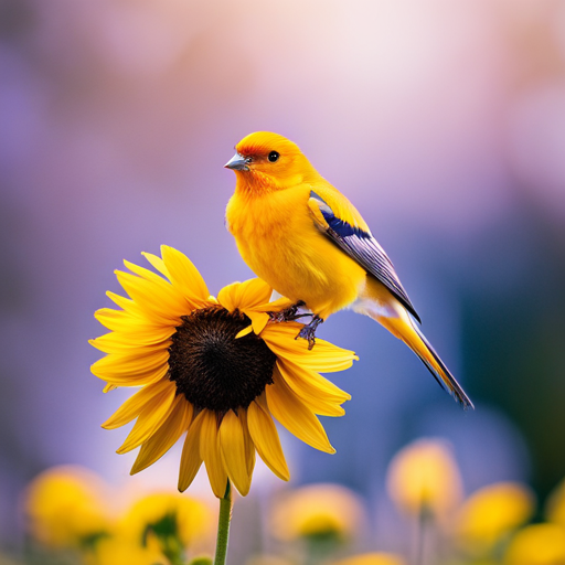 An image showcasing a vibrant yellow bird with sleek, jet-black wings, gracefully perched on a blooming sunflower
