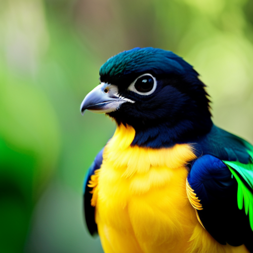 An image that captures the enchanting allure of yellow birds with jet-black wings, showcasing their vibrant plumage against a backdrop of lush green foliage, their delicate feathers shimmering in the sunlight