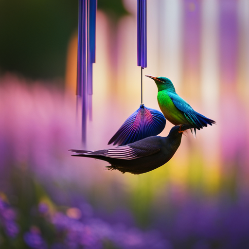 An image showcasing a lush, vibrant garden adorned with mesmerizing holographic ribbons, gleaming metallic tape, and reflective wind chimes, all meticulously placed to deter pesky starlings, ensuring a bird-free haven