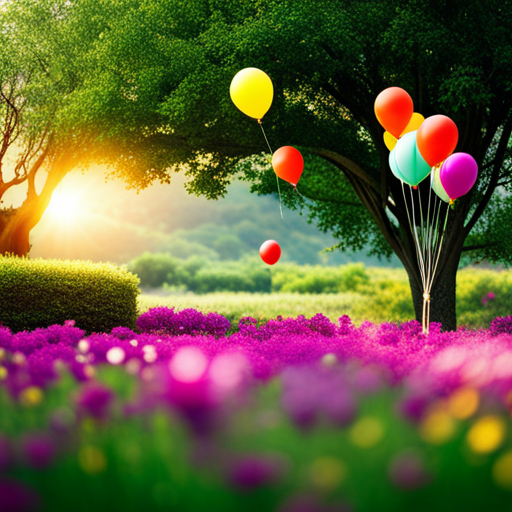 An image showcasing a lush, vibrant garden adorned with colorful scare balloons floating amidst the branches, deterring pesky starlings