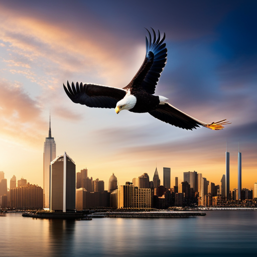 An image capturing the awe-inspiring sight of a bald eagle in flight above the Hudson River, its powerful wings outstretched against a backdrop of the iconic New York City skyline