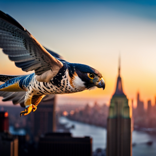 An image capturing the awe-inspiring moment of a Swift Peregrine Falcon in mid-air pursuit, its sharp talons outstretched, against the backdrop of New York's iconic skyline, showcasing the predator's astonishing speed