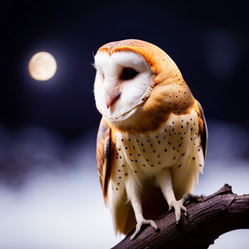 An image showcasing the enigmatic Barn Owl in its nocturnal habitat, perched on a gnarled tree branch against a moonlit sky