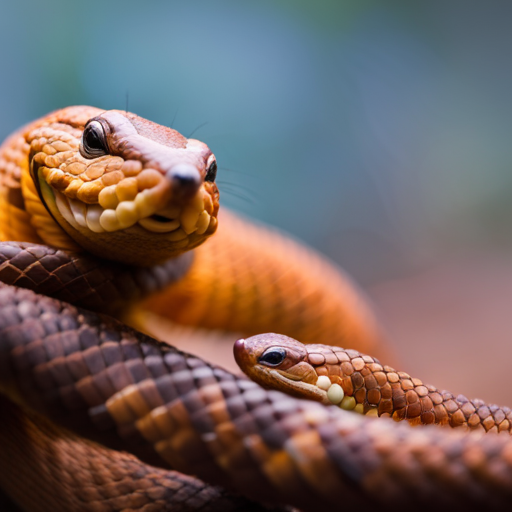 An image showcasing a venomous Copperhead snake stealthily coiled around a rodent, illustrating the crucial role of snakes in North Carolina's ecosystem by maintaining a balanced population control