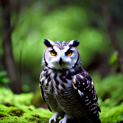 An image of a moonlit forest, with a majestic owl perched on a moss-covered branch